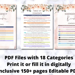 May include: Three printable PDF pages featuring floral headers and organized lists for an Emergency Binder. The documents include sections for personal, medical, insurance, financial, and emergency information, plus usernames, passwords, and important documents.