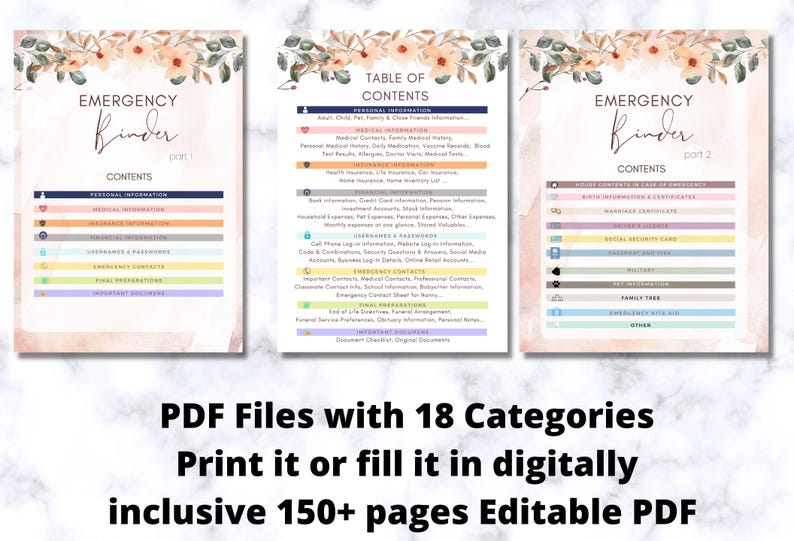 May include: Three printable PDF pages featuring floral headers and organized lists for an Emergency Binder. The documents include sections for personal, medical, insurance, financial, and emergency information, plus usernames, passwords, and important documents.