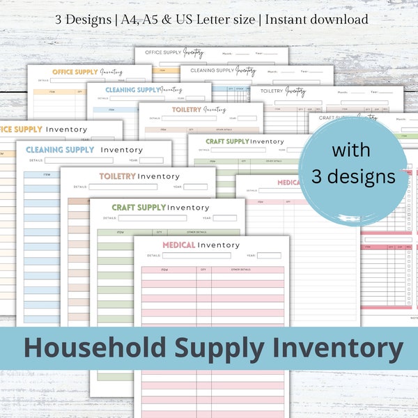 Household Inventory Tracker Pages, Household List,Toiletry Inventory,Medication Inventory,Office Inventory,Craft Inventory Cleaning Template
