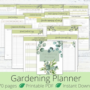 May include: A printable gardening planner with 70 pages. The planner includes sections for seed inventory, companion planting, weed control, compost bin care, soil treatment, pest and disease treatment, garden expenses, a garden planner, a harvest log, and a plant shopping list. The cover features a watercolour design of eucalyptus leaves.
