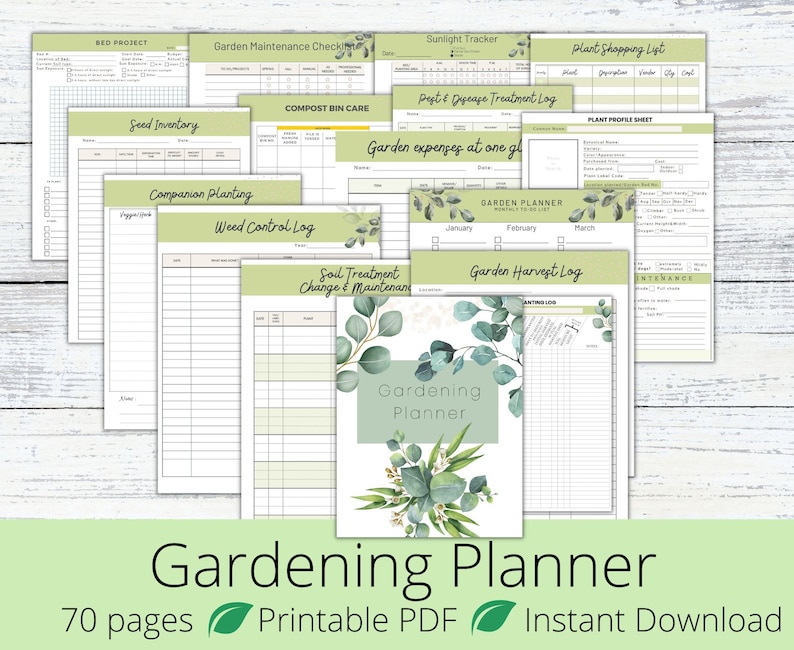 May include: A printable gardening planner with 70 pages. The planner includes sections for seed inventory, companion planting, weed control, compost bin care, soil treatment, pest and disease treatment, garden expenses, a garden planner, a harvest log, and a plant shopping list. The cover features a watercolour design of eucalyptus leaves.