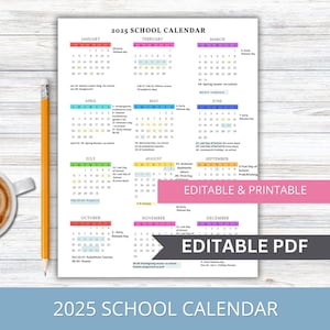 2025 Editable School Calendar Template for Preschool, Daycare, Childcare, Day Care & Sports Teams  Printable Year at a Glance Template
