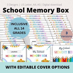May include: A digital download set of School Memory Box labels and pages for 14 grades, from preschool to twelfth grade. The collection includes three design versions with colorful text, pencil graphics, and editable cover options.