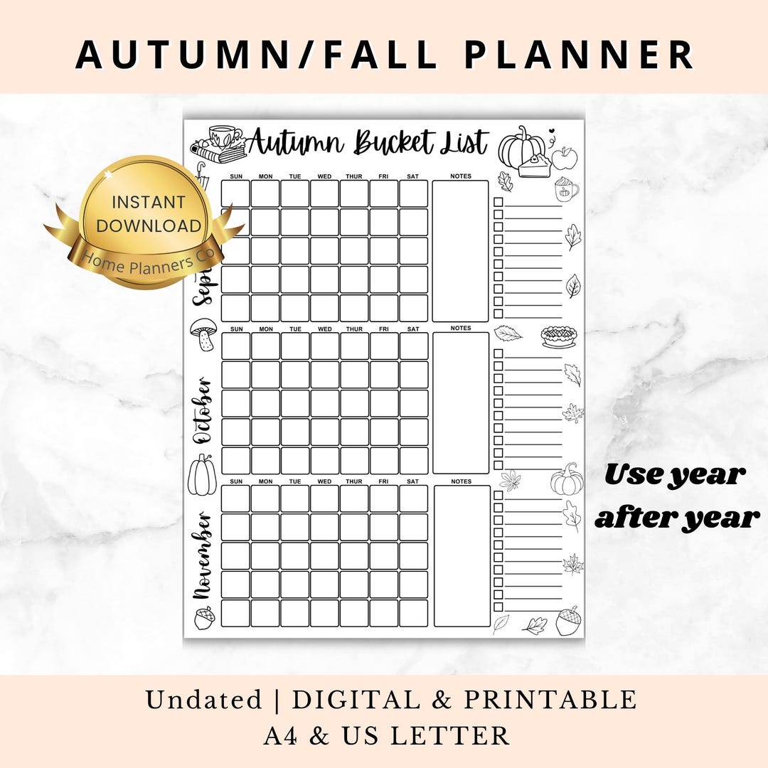 Fall Planner With Bucket List, Printable Fall Calendar, Autumn Calendar ...