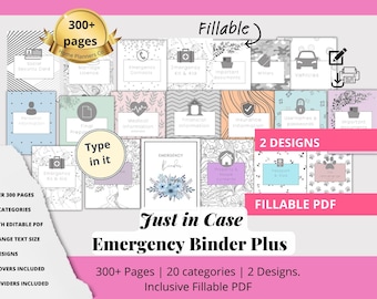 May include: An emergency binder with various categories, including medical, financial, and insurance information. The binder features a floral design and the text "Just in Case Emergency Binder Plus." It includes over 300 pages, 20 categories, and is a fillable PDF.