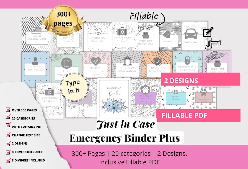Op de afbeelding: Een noodmap met categorie&euml;n zoals medische en financi&euml;le informatie. De map heeft een bloemenontwerp en de tekst "Just in Case Emergency Binder Plus". Het bevat meer dan 300 pagina's, 20 categorie&euml;n en is een invulbare PDF.