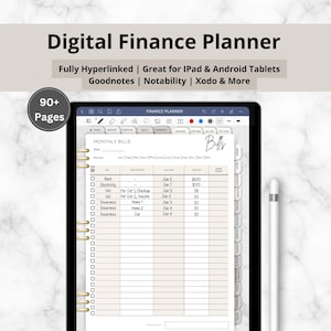 Pode incluir: Um planejador financeiro digital exibido em um tablet, com uma seção de contas mensais. O planejador é totalmente hiperlinkado e compatível com tablets iPad e Android. O texto "Digital Finance Planner" está no topo.