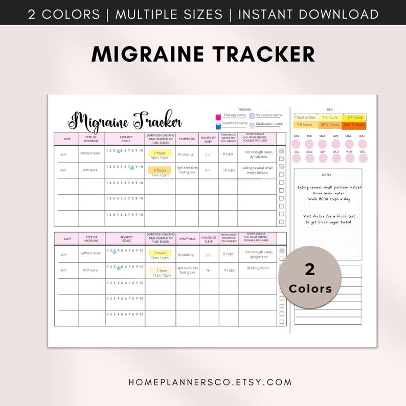 Migraine Tracker, Printable Headache Journal, Headache Tracker, Chronic Migraine Chart, Chronic Migraine Journal, Chronic Illness Chart image 2