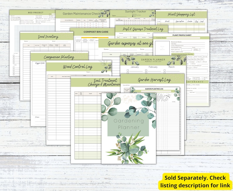 Puede incluir: Un conjunto de p&aacute;ginas de planificaci&oacute;n de jard&iacute;n imprimibles con un dise&ntilde;o floral verde y blanco. Las p&aacute;ginas incluyen secciones para el inventario de semillas, la siembra de acompa&ntilde;amiento, el control de malezas, el cuidado de la composta, el tratamiento del suelo, el mantenimiento del jard&iacute;n, el tratamiento de plagas y enfermedades, los gastos del jard&iacute;n, la cosecha del jard&iacute;n y una hoja de perfil de planta.