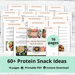May include: A printable PDF guide with 16 pages of high protein snack ideas. The cover features a collage of various high protein foods, including nuts, seeds, meat, and fish. The title "60+ High Protein Snack Ideas" is displayed in bold, white text on a pink background.
