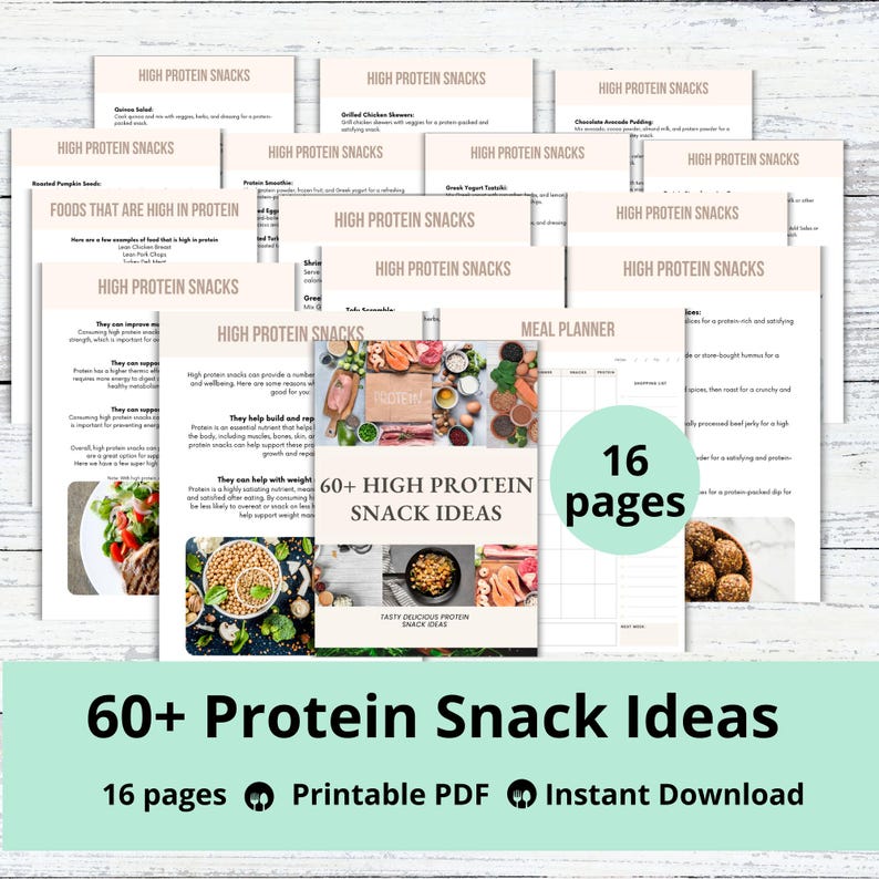 May include: A printable PDF guide with 16 pages of high protein snack ideas. The cover features a collage of various high protein foods, including nuts, seeds, meat, and fish. The title "60+ High Protein Snack Ideas" is displayed in bold, white text on a pink background.
