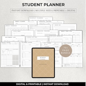 Könnte beinhalten: Ein Studentenplaner mit verschiedenen druckbaren Seiten, darunter Wochen- und Monatspläne, Aufgabenlisten und Prüfungstracker. Das Bild zeigt ein Tablet mit einem Notizbuch-Planer-Design und dem Text "Student Planner". Das Bundle enthält über 70 Seiten.