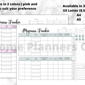 May include: Printable migraine tracker in pink or mint, with sections for date, type of migraine, severity scale, duration, symptoms, hours of sleep, water intake, other details, and notes. Available in US Letter (8.5x11 inches), A4, and A5 sizes.