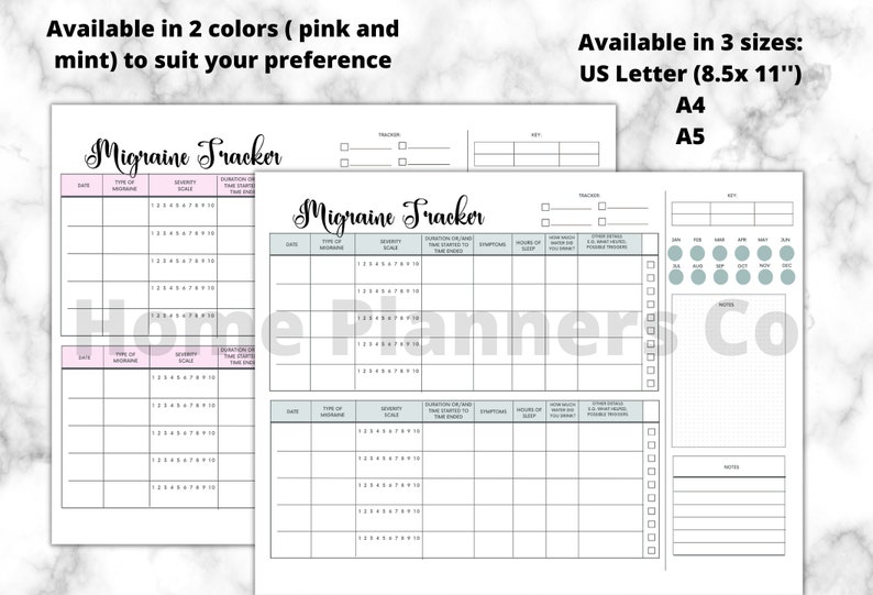 May include: Printable migraine tracker in pink or mint, with sections for date, type of migraine, severity scale, duration, symptoms, hours of sleep, water intake, other details, and notes. Available in US Letter (8.5x11 inches), A4, and A5 sizes.