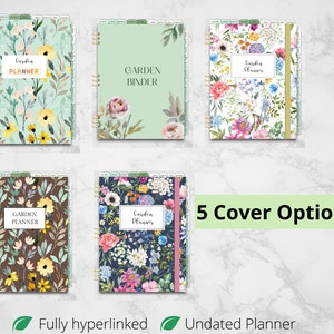 Pu&ograve; includere: Cinque diverse opzioni di copertina per un planner da giardino non datato. Le copertine presentano motivi floreali in vari colori, tra cui verde, blu, marrone e bianco. Il testo "Garden Planner" e "Garden Binder" &egrave; visibile su alcune delle copertine.