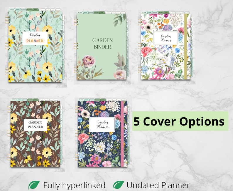 Pu&ograve; includere: Cinque diverse opzioni di copertina per un planner da giardino non datato. Le copertine presentano motivi floreali in vari colori, tra cui verde, blu, marrone e bianco. Il testo "Garden Planner" e "Garden Binder" &egrave; visibile su alcune delle copertine.