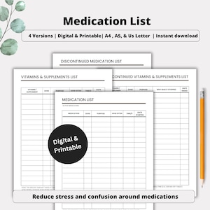 May include: A stack of white printable medication list templates with the title "Medication List" at the top. The templates include sections for vitamins, supplements, and active medications. A pencil rests on the right side of the image.