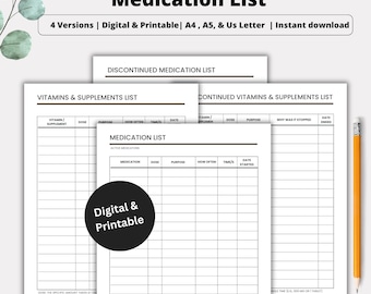 May include: A stack of white printable medication list templates with the title "Medication List" at the top. The templates include sections for vitamins, supplements, and active medications. A pencil rests on the right side of the image.