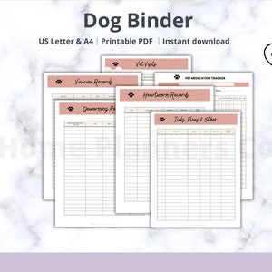 May include: Printable dog binder with sections for vaccine records, deworming records, heartworm records, tick and flea records, and pet medication tracker. The pages are decorated with paw prints and a pink and white polka dot pattern.