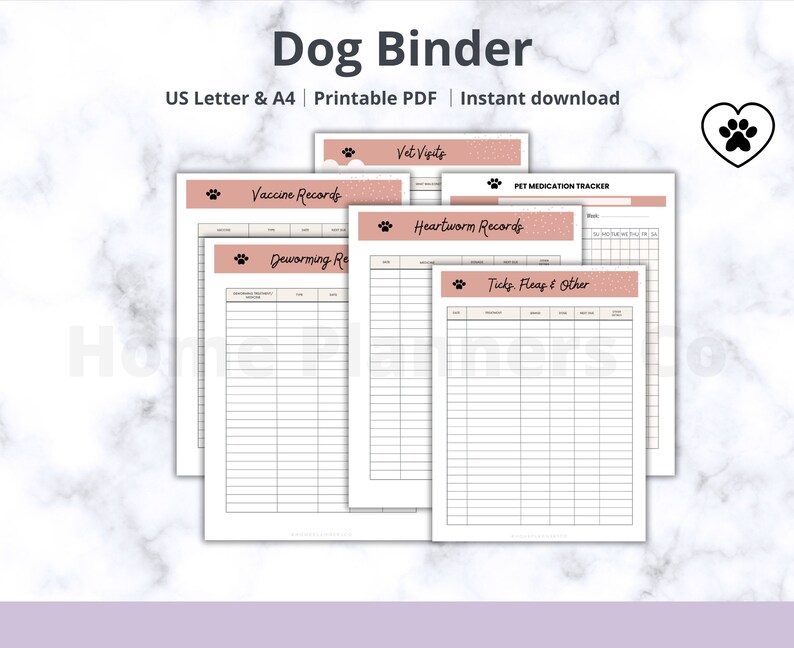 May include: Printable dog binder with sections for vaccine records, deworming records, heartworm records, tick and flea records, and pet medication tracker. The pages are decorated with paw prints and a pink and white polka dot pattern.