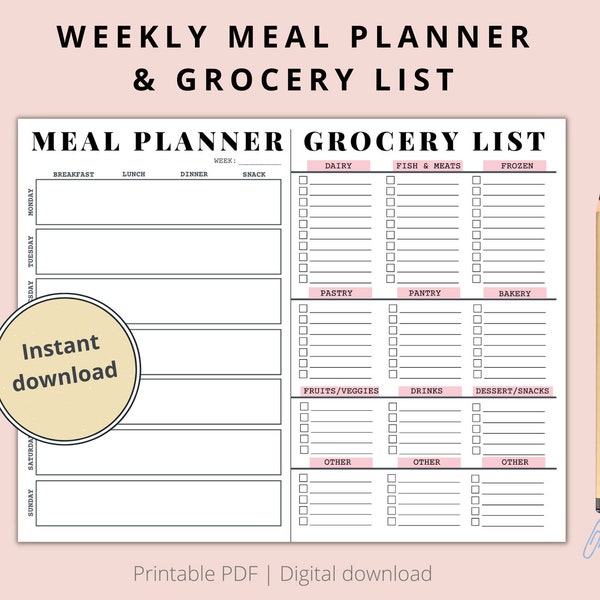 Printable Weekly Meal Planner & Grocery List | Planner Insert | Printable Weekly Menu | Menu Meal Template Insert| Digital Download