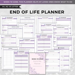 Könnte beinhalten: Ein Nachlassplaner mit einem Design in zartem Lavendel und Weiß. Auf dem Cover steht "When I'm Gone, End of Life Planner". Der Planer enthält Abschnitte für letzte Vorbereitungen, Passwort-Tracker und Versicherungsinformationen. Erhältlich in A4, A5 und US Letter.