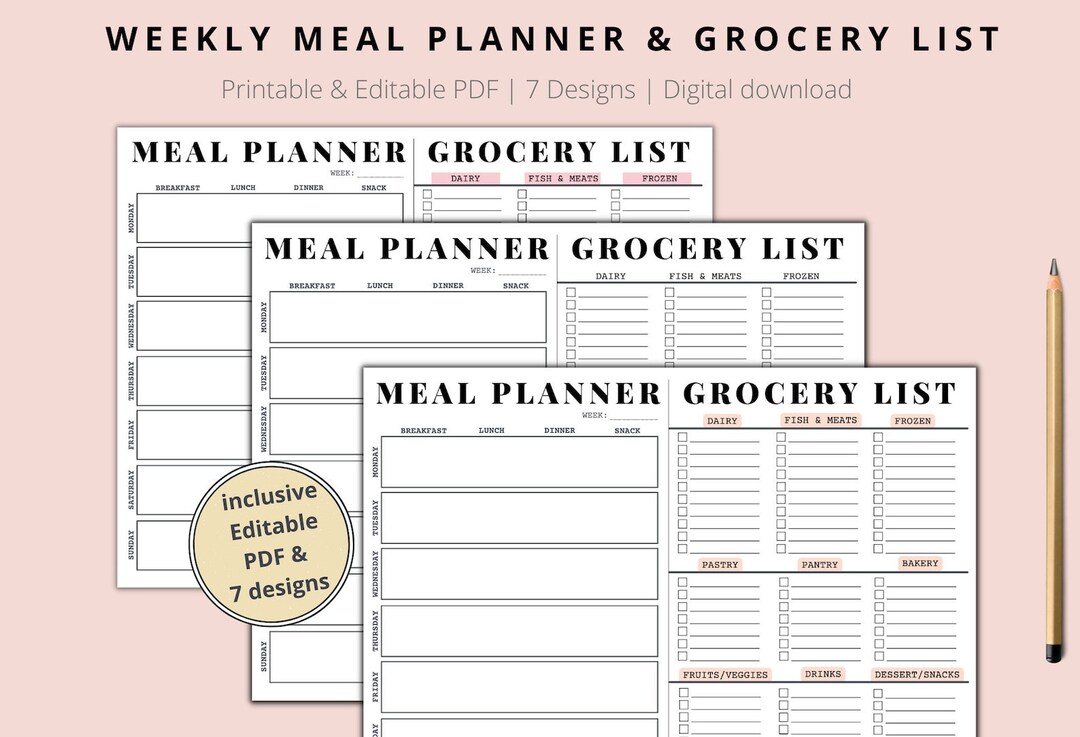 EDITABLE Weekly Meal Planner & Grocery List Printable Editable PDF ...