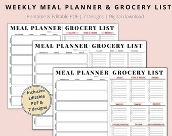 EDITABLE Weekly Meal Planner & Grocery List | Printable Editable PDF | Printable Weekly Menu | Menu Meal Template Insert| Digital Download