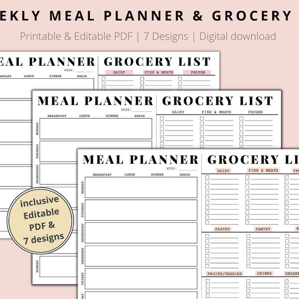 EDITIERBAR Wöchentlicher Essensplaner & Einkaufsliste | Druckbare bearbeitbare PDF | Druckbare Wochenkarte | Menü Mahlzeit Vorlage einfügen| Digitaler Download