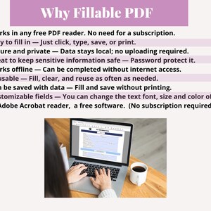 May include: A laptop displaying a fillable PDF form, with text explaining the benefits of using fillable PDFs. The text includes points about ease of use, security, and offline functionality. A cup of coffee sits nearby.