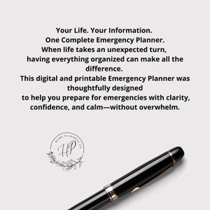 Op de afbeelding: Een zwarte pen met zilveren accenten ligt op een witte achtergrond. De afbeelding bevat tekst die een digitale en printbare noodplanner promoot. De planner is ontworpen om informatie te organiseren en voor te bereiden op noodsituaties.