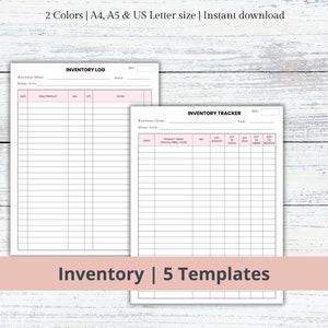May include: Two printable inventory log and tracker templates. The templates are in black and white with pink accents. The templates are labeled "Inventory Log" and "Inventory Tracker".