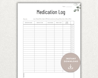Medication Log, Medication Tracker, Medication Organizer, Medication List, Medication Chart, Pill Tracker, Supplement Tracker, Printable Log
