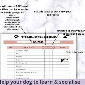 May include: A printable pet socialization checklist with a pink and white color scheme. The checklist includes a section for objects, with a list of common household items, and a section for notes. The checklist is designed to help pet owners track their dog's reactions to different objects.