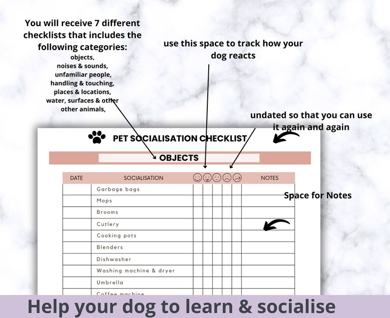 May include: A printable pet socialization checklist with a pink and white color scheme. The checklist includes a section for objects, with a list of common household items, and a section for notes. The checklist is designed to help pet owners track their dog's reactions to different objects.