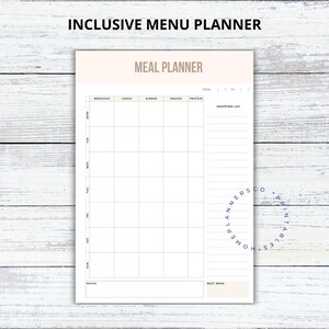 May include: A printable meal planner with a beige background and black text. The planner includes sections for breakfast, lunch, dinner, snacks, protein, and a shopping list. The planner is designed to help people plan their meals for the week.