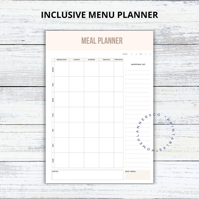 May include: A printable meal planner with a beige background and black text. The planner includes sections for breakfast, lunch, dinner, snacks, protein, and a shopping list. The planner is designed to help people plan their meals for the week.