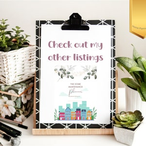 May include: A printable digital download for "The Home Maintenance Planner". The planner features a city skyline with colorful houses and the text "Check out my other listings".