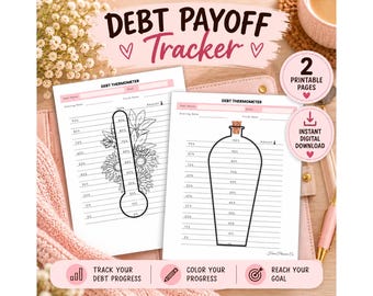 May include: Two printable debt payoff tracker pages featuring a debt thermometer and a bottle-shaped savings tracker. Each page includes fields for debt name, goal, starting date, and finish date, with percentage markers from 0% to 100%.