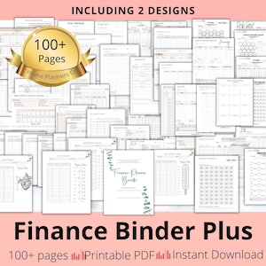 May include: A collection of printable finance planner pages featuring over 100 pages and 2 designs. The documents include various budget trackers, savings challenges, and expense logs with black text on white paper. A gold badge reads 100+ Pages.