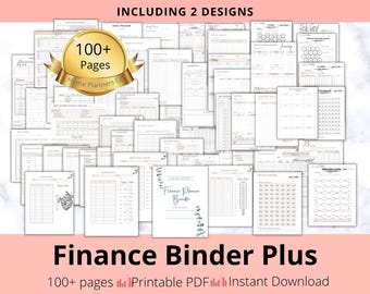 May include: A collection of printable finance planner pages featuring over 100 pages and 2 designs. The documents include various budget trackers, savings challenges, and expense logs with black text on white paper. A gold badge reads 100+ Pages.