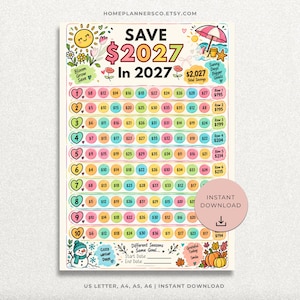 Pode incluir: Um gráfico colorido de acompanhamento de poupança intitulado SAVE $2027 In 2027 com linhas de círculos numerados contendo valores em dólares. O design apresenta ilustrações de sol, guarda-sol, boneco de neve e abóboras, com um círculo rosa.