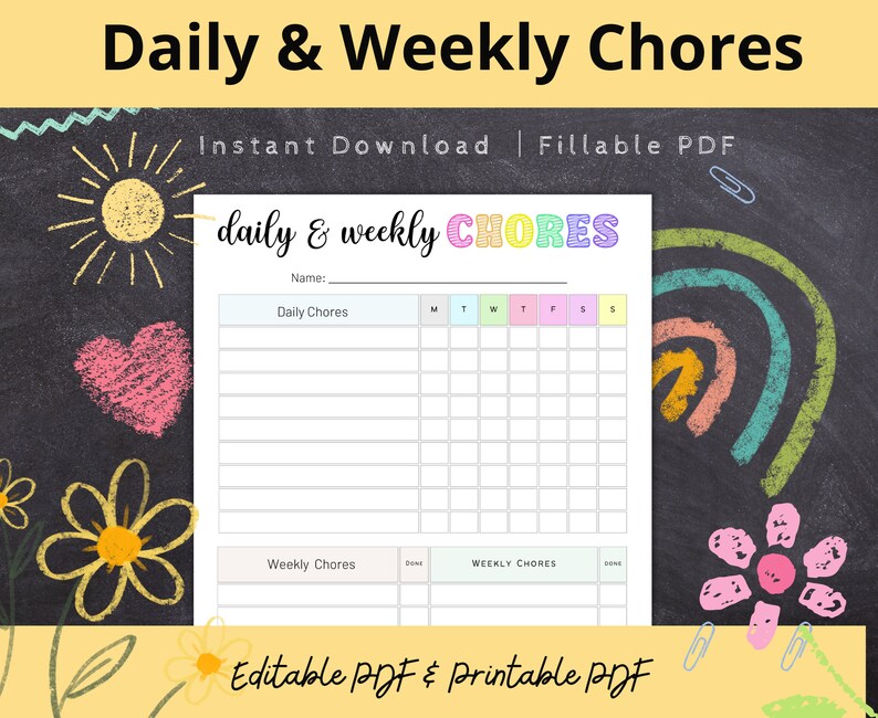 Printable Chore Chart EDITABLE Editable Weekly Schedule Etsy