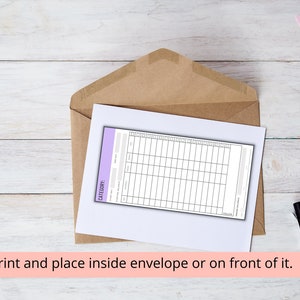 May include: A printable checklist with the word "CATEGORY" at the top, designed to be placed inside or on the front of an envelope.