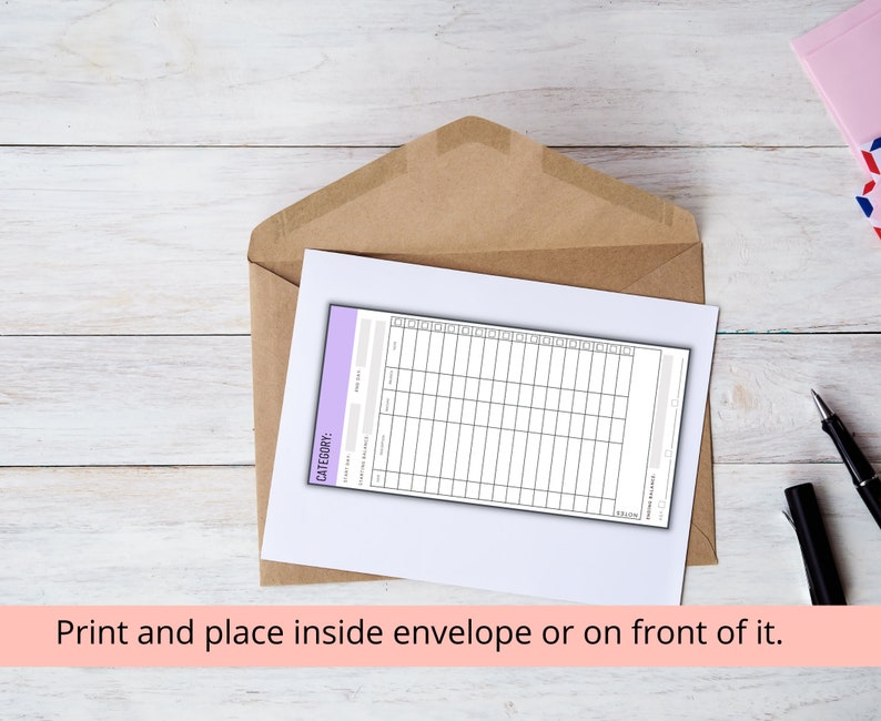 May include: A printable checklist with the word "CATEGORY" at the top, designed to be placed inside or on the front of an envelope.