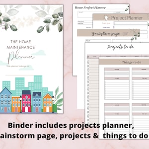 May include: A binder with a watercolor floral design on the cover. The binder includes pages for home maintenance planning, project planning, brainstorming, and lists of things to do. The text on the cover reads "The Home Maintenance Planner".