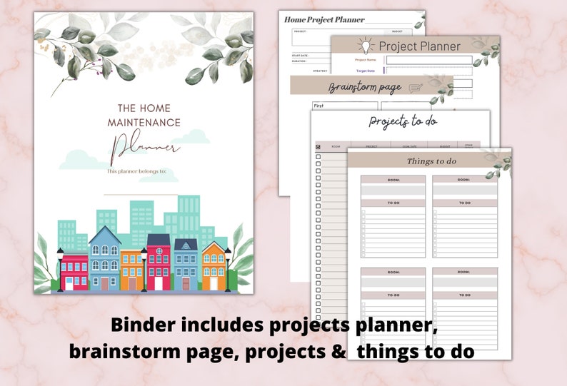 May include: A binder with a watercolor floral design on the cover. The binder includes pages for home maintenance planning, project planning, brainstorming, and lists of things to do. The text on the cover reads "The Home Maintenance Planner".