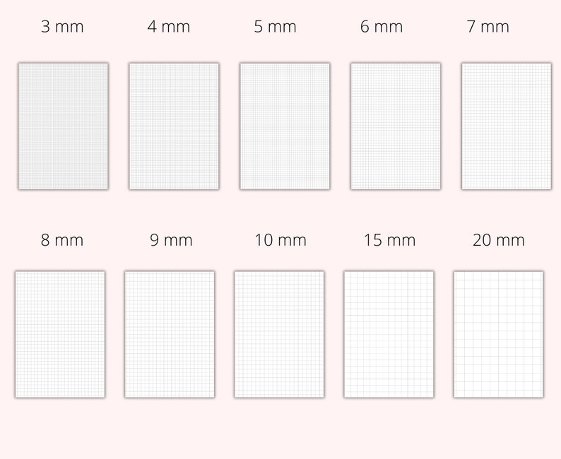 Pu&ograve; includere: Un set di dieci quadrati di carta quadrettata bianca con diverse dimensioni di griglia, che vanno da 3 mm a 20 mm. Ogni quadrato &egrave; etichettato con la sua dimensione di griglia corrispondente in millimetri.