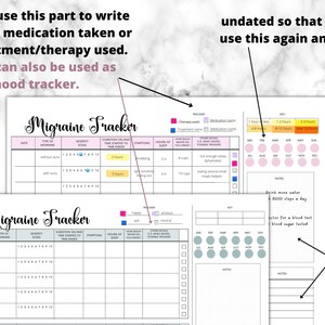 May include: A printable migraine tracker with sections for recording date, type of migraine, severity, duration, symptoms, hours of sleep, how much water was drunk, other details, and notes. The tracker is undated so it can be used repeatedly.