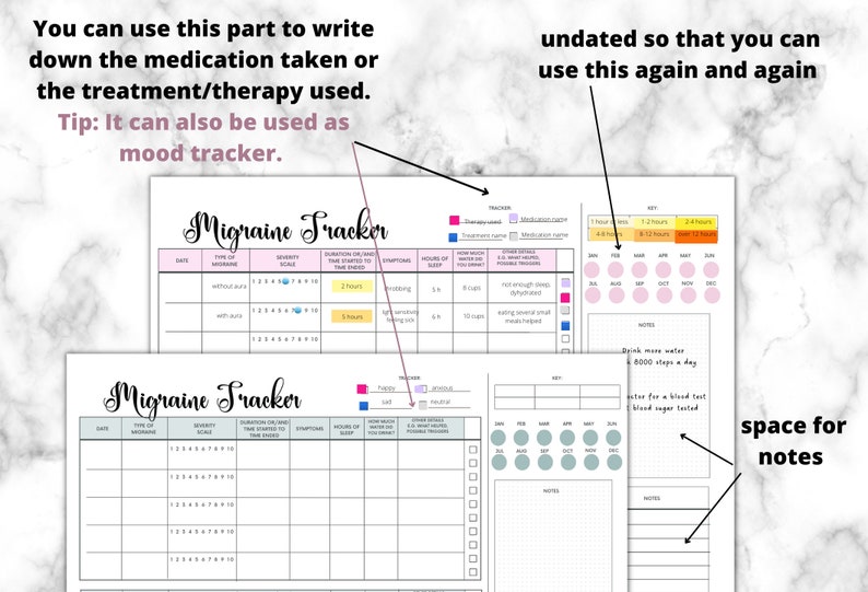 May include: A printable migraine tracker with sections for recording date, type of migraine, severity, duration, symptoms, hours of sleep, how much water was drunk, other details, and notes. The tracker is undated so it can be used repeatedly.